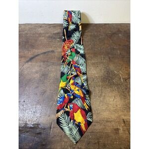 Rosetti 100% Silk Parrot Macaw Necktie Black Palm Leaves Birds